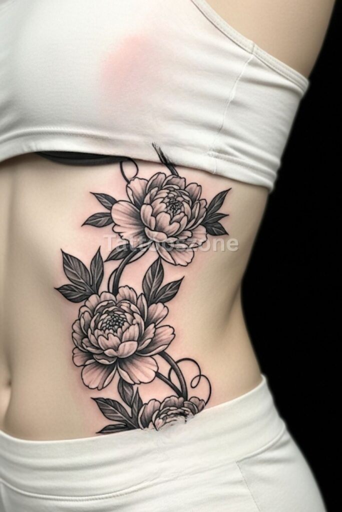 Peony Vine Along the Ribcage tattoo