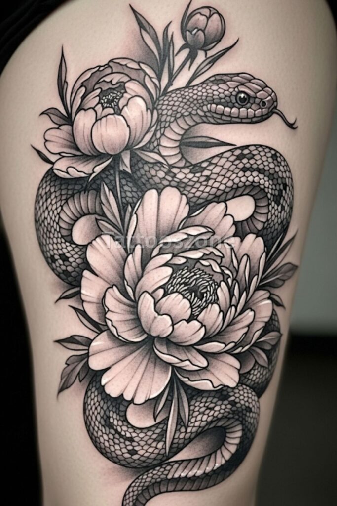 Peony with a Snake tattoo design