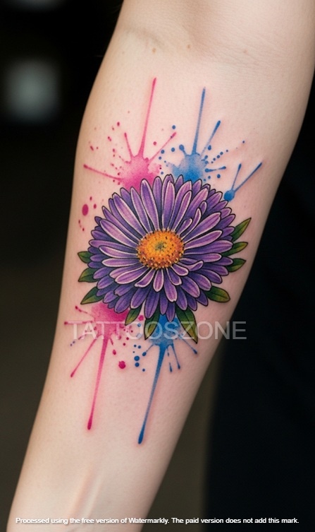 Purple aster tattoo on forearm