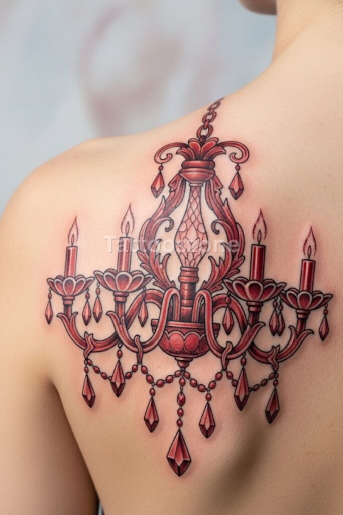 Red Chandelier-Inspired Back Tattoo