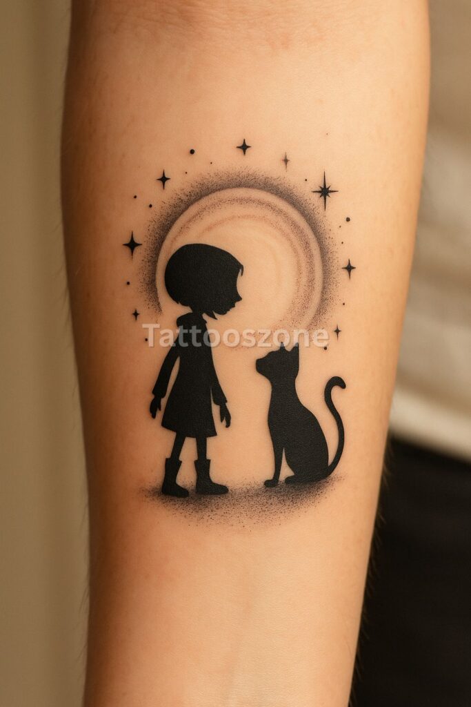 Silhouette tattoo of Coraline