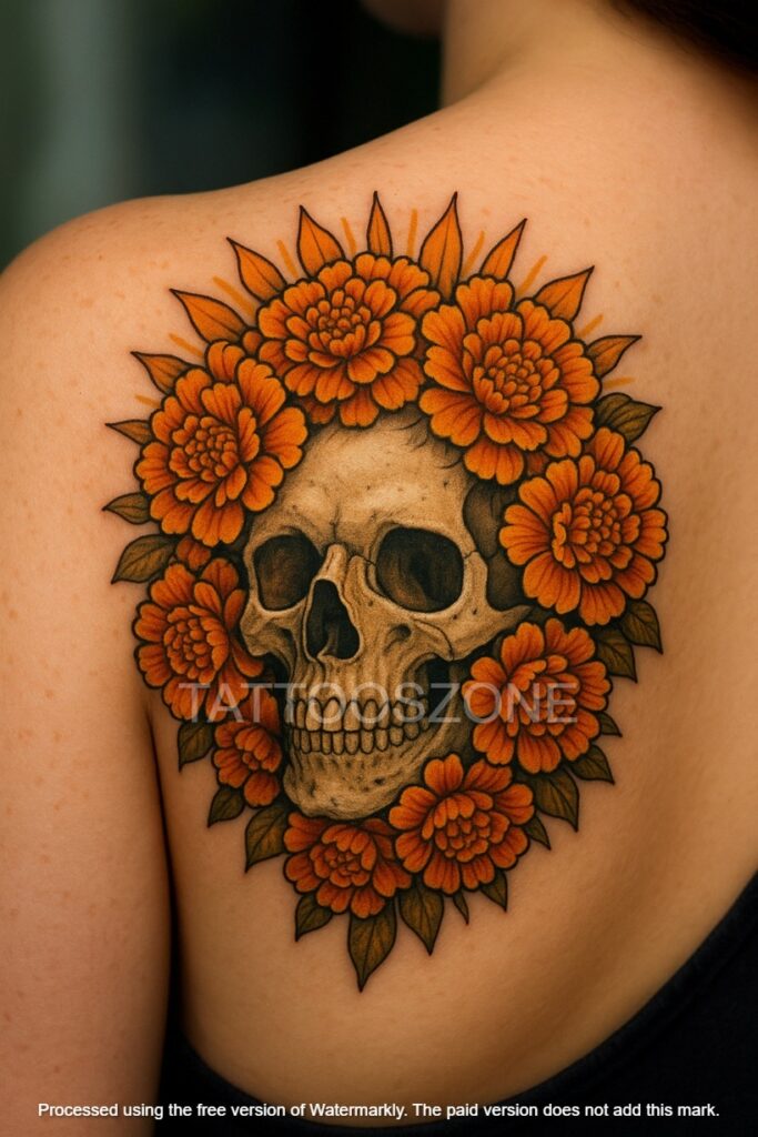 Skull with marigold tattoo on upper shoulder