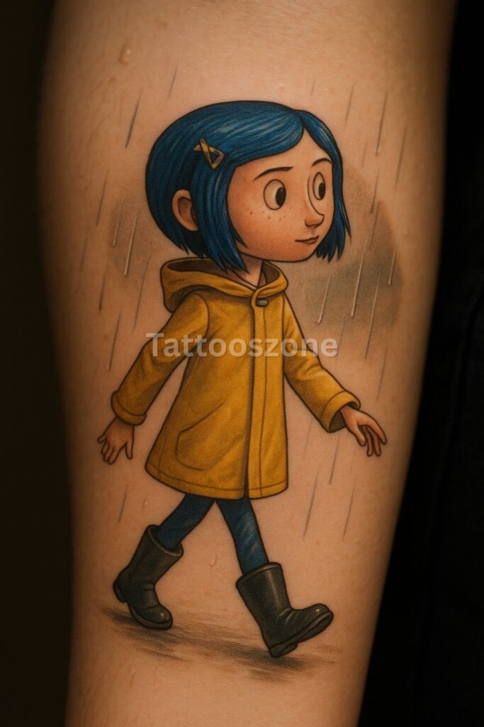 Tattoo of Coraline in yellow raincoat