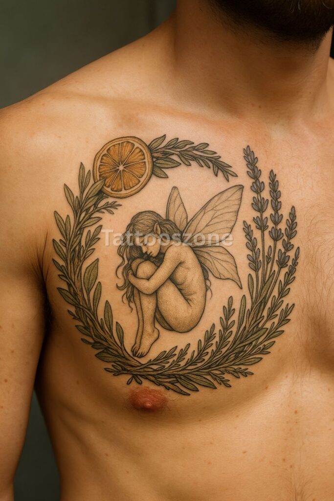 Tattoo of Faerie in a Hanging Herb Wreath