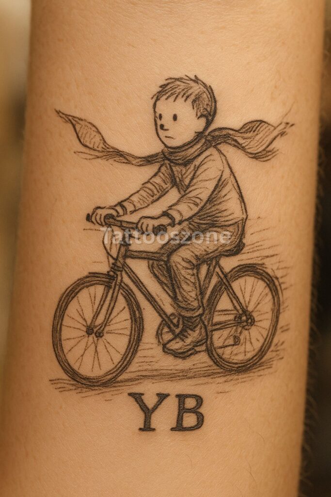 Tattoo of YB on bicycle