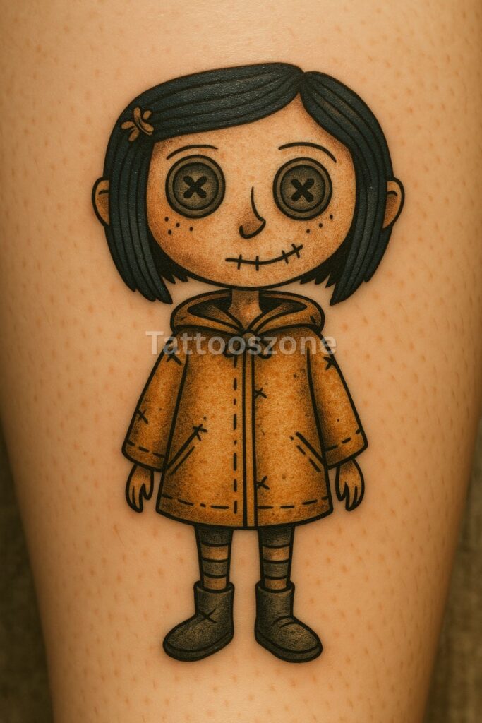 Vintage-style tattoo of Coraline doll