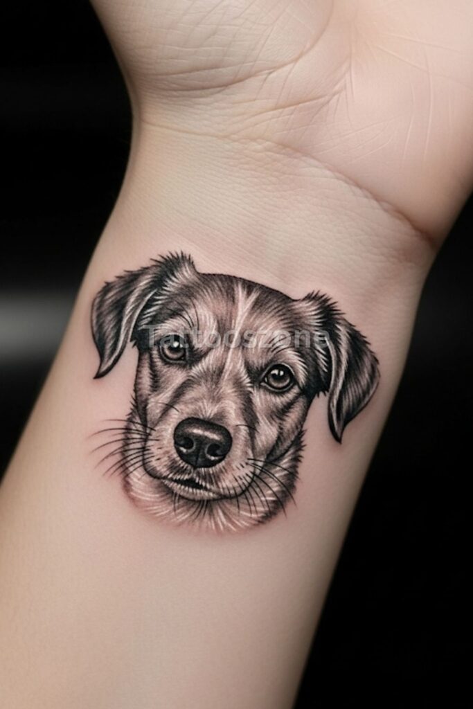 Tiny Whiskered Pup on Inner Wrist